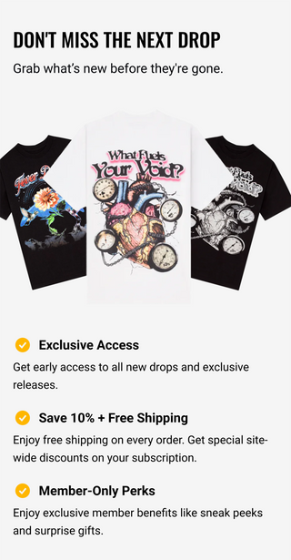 Promotional graphic for a clothing brand with t-shirts and a call to action to join the waitlist.