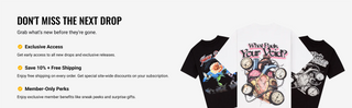 Promotional graphic for t-shirts with cartoon designs and text about exclusive access and free shipping.