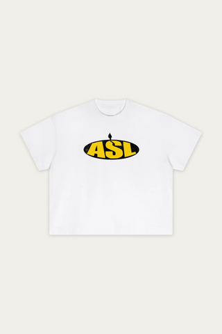 A white short-sleeve crewneck t-shirt featuring a yellow and black oval graphic on the chest with the letters 'ASL' and a small male silhouette walking away.